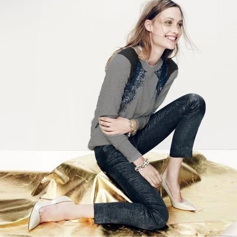 J Crew Grey Crew Neck Sweater with Black Lace Detail
